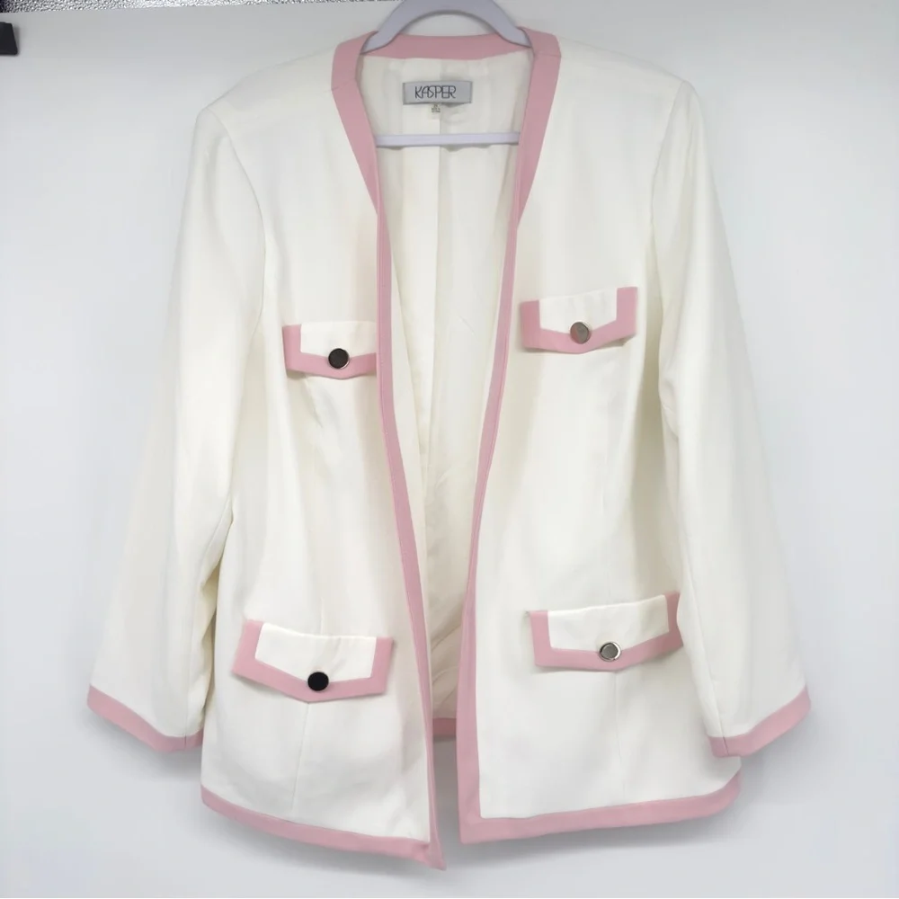 KASPER Framed Open Front Blazer Size 2X in Ivory/Pink - Picture 2 of 8